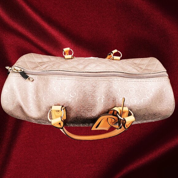 GUESS Signature Logo Duffel Satchel Bag – Beige/Tan Shoulder Strap - Picture 4 of 10
